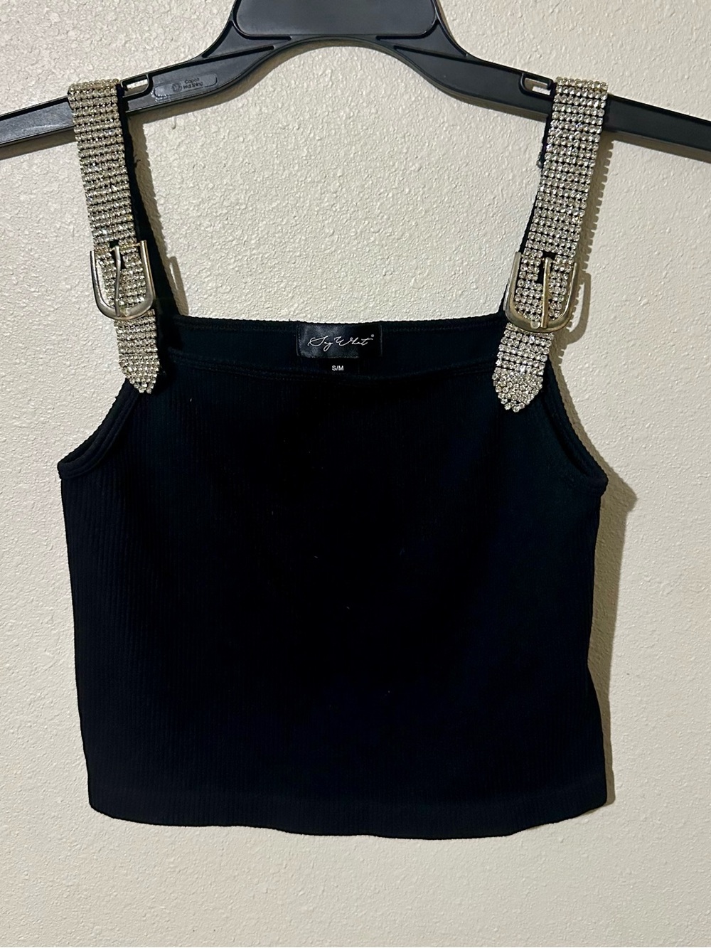 Say What? Black Ribbed Crop Cami with Rhinestone Buckle Straps